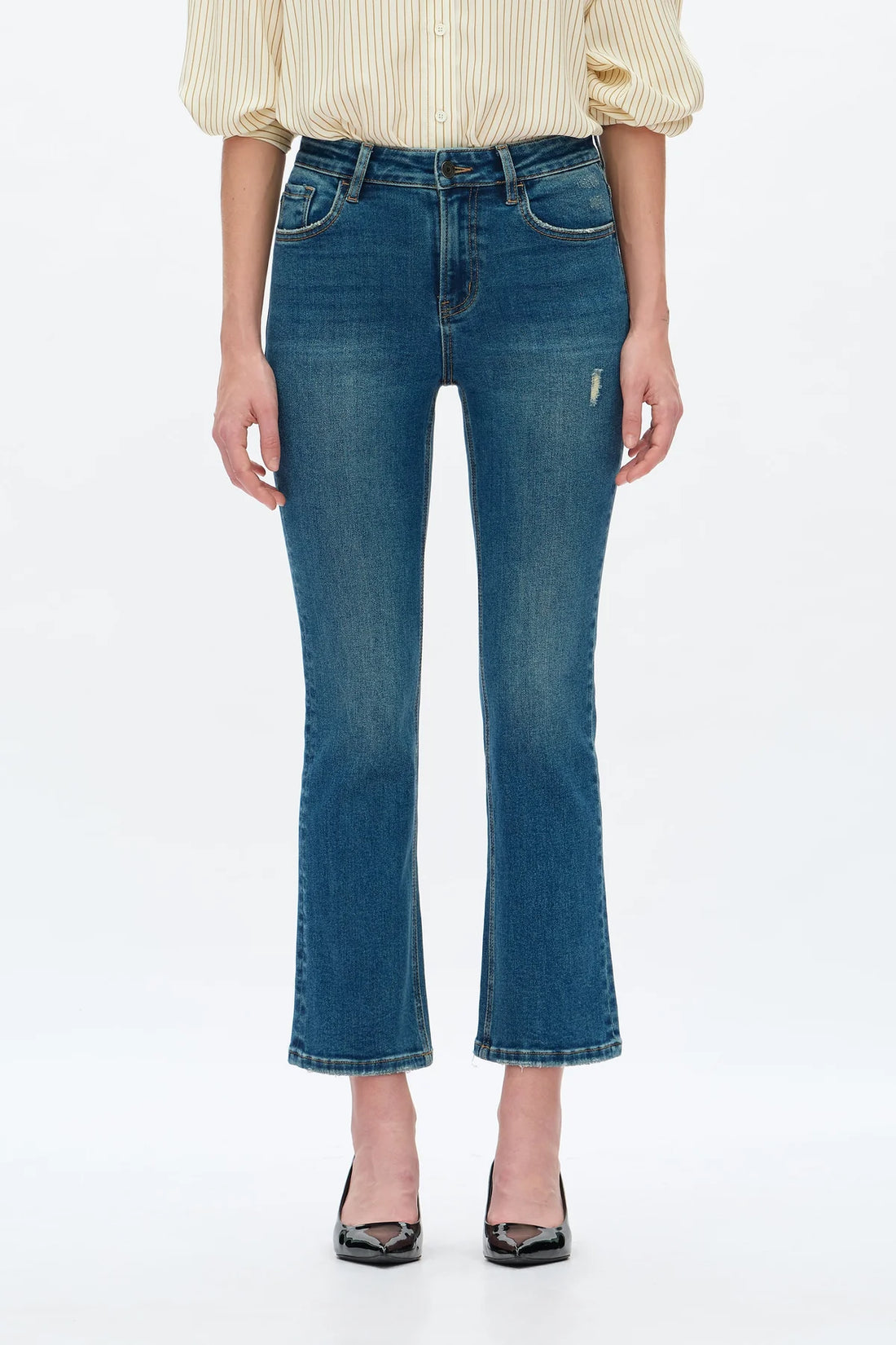 VINTAGE MEDIUM BLUE HIGH RISE FLARE JEANS