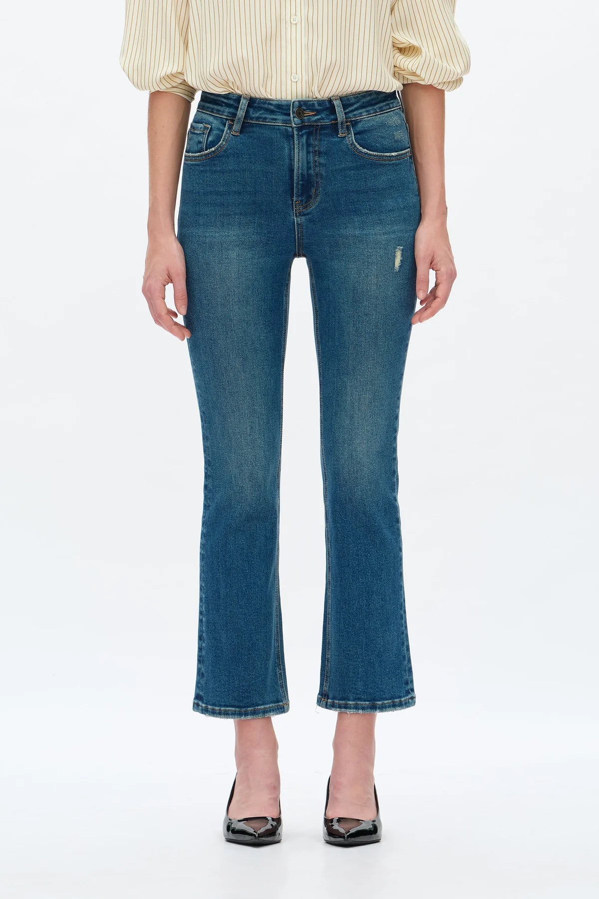 VINTAGE MEDIUM BLUE HIGH RISE FLARE JEANS