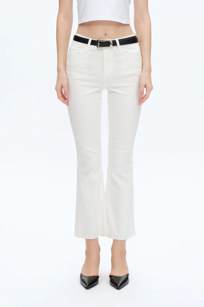 WHITE MID RISE RAW HEM ANKLE BOOTCUT EMILY DENIM JEANS