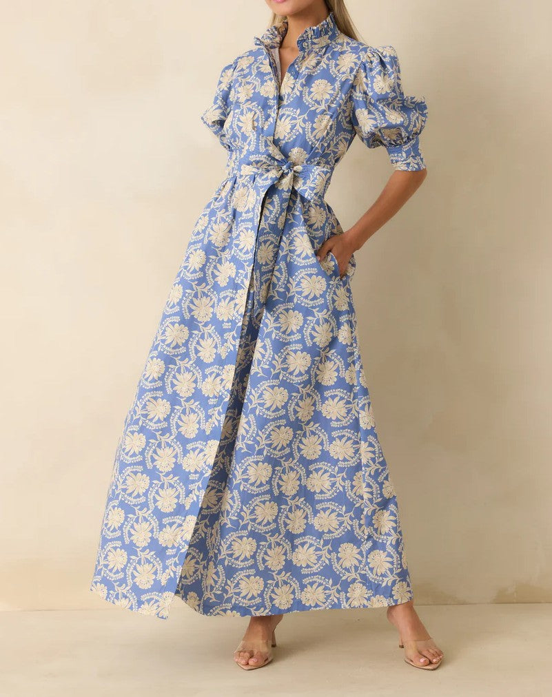 BLUE BLOOMPORT PRINT MARIANNE MAXI DRESS