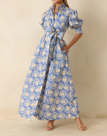 BLUE BLOOMPORT PRINT MARIANNE MAXI DRESS