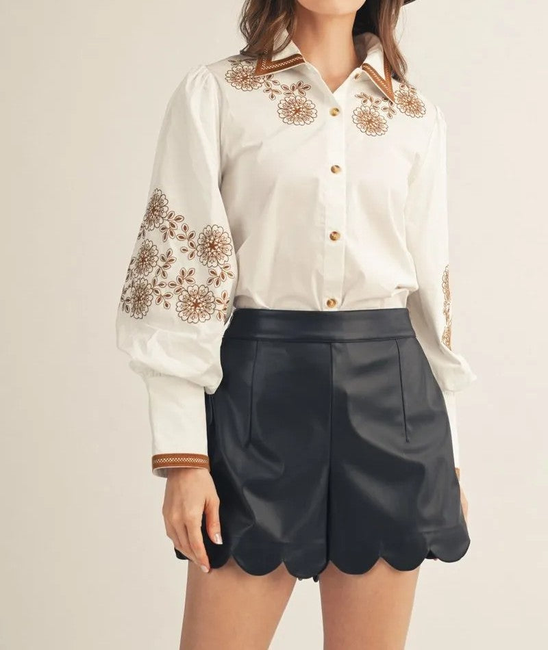 WHITE &amp; BROWN FLORAL EMBROIDERY LONG PUFF SLEEVE BUTTON UP TOP
