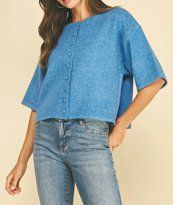URBAN BLUE BUTTON UP SHORT SLEEVE SWEATER