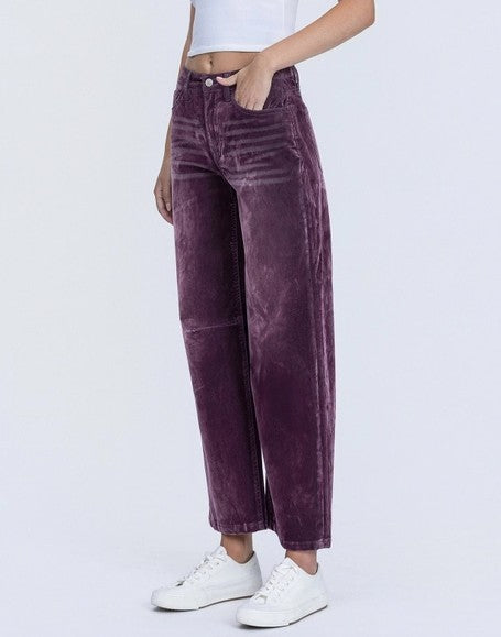 PURPLE FLOCKED HIGH RISE BARREL LEG JEANS