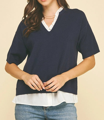 NAVY MIXED MEDIA LAYERED KNIT TOP