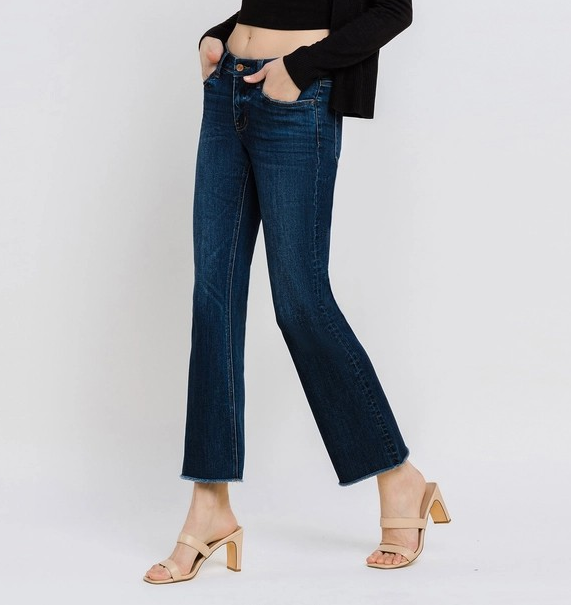 PRIVILEGE DARK WASH MID RISE RAW HEM KICK FLARE JEANS