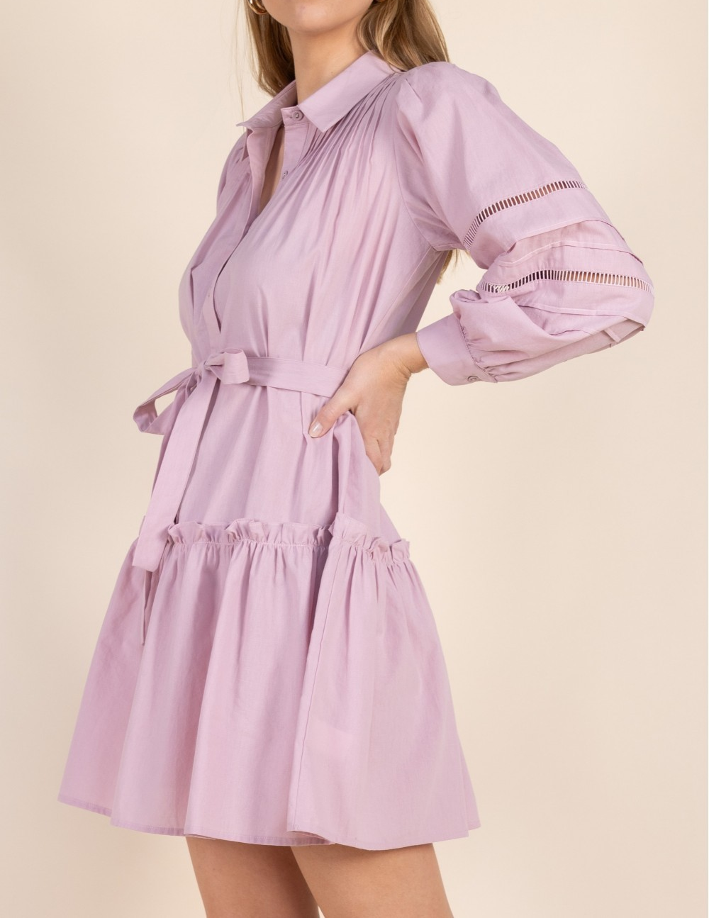 LAVENDER FOG POPLIN EYELET BUTTON UP BALLOON SLEEVE DRESS