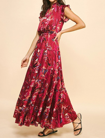 DEEP PINK PRINTED TIERED SATIN MAXI DRESS