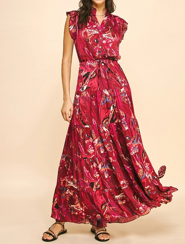 DEEP PINK PRINTED TIERED SATIN MAXI DRESS