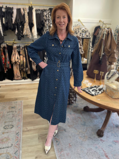 INDIGO DENIM GEOGRAPHIC PRINT BUTTON UP BELTED MIDI DRESS
