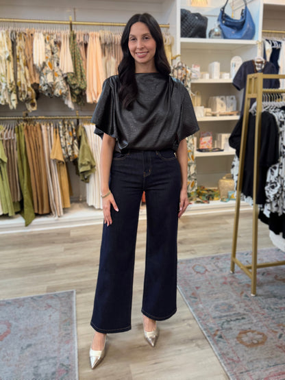 BLACK SHINY SATIN &amp; LEATHER FLOWY SHORT SLEEVE TOP