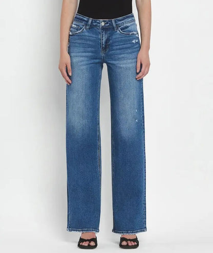 SECURE MEDIUM DARK WASH MID RISE FULL LENGTH WIDE LEG JEANS