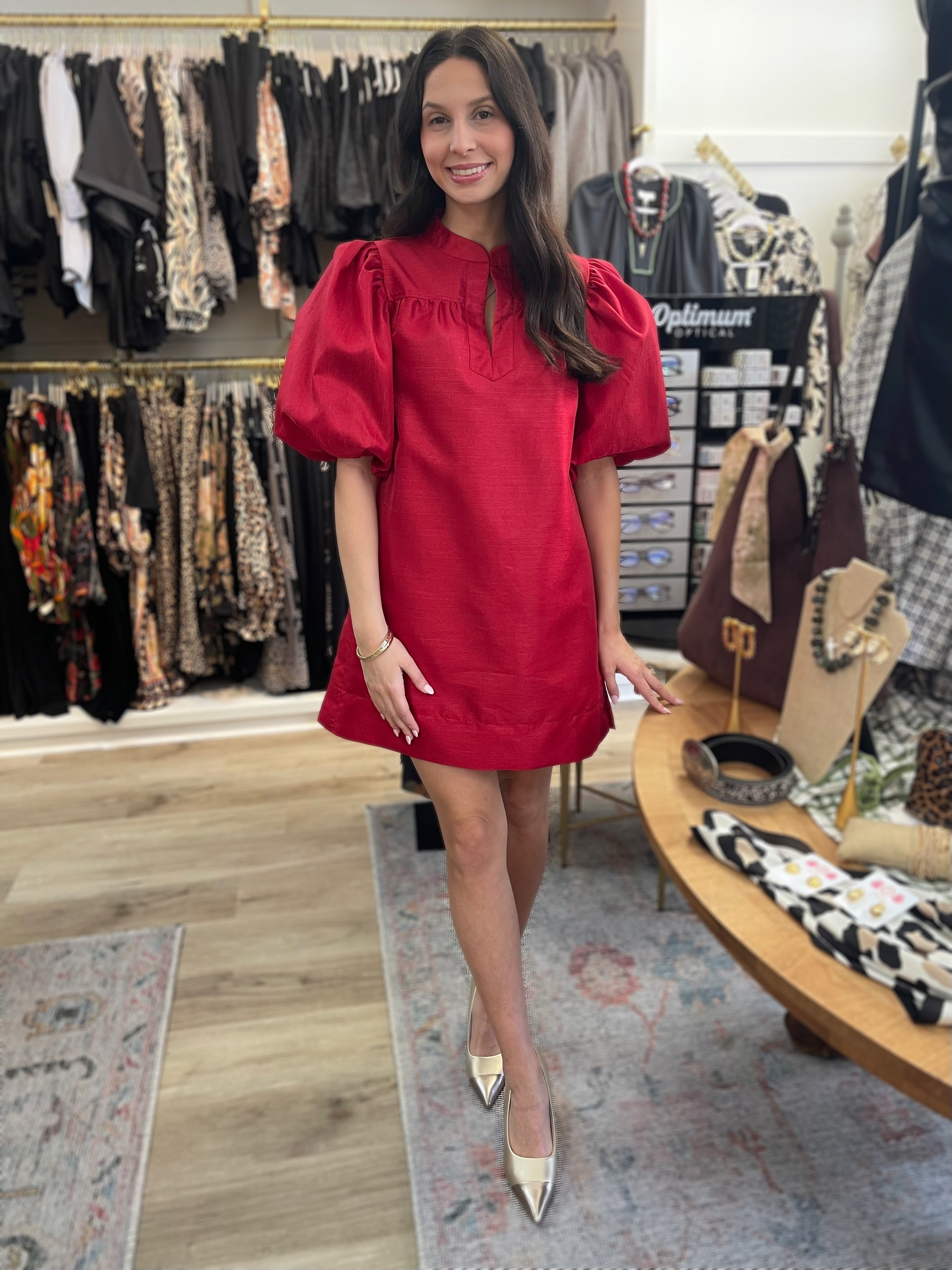 RED METALLIC MANDARIN COLLAR VNECK PUFF SLEEVE MINI DRESS