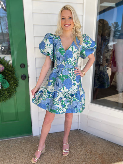 WHITE/BLUE FLORAL MAY JACQUARD TIERED MINI DRESS