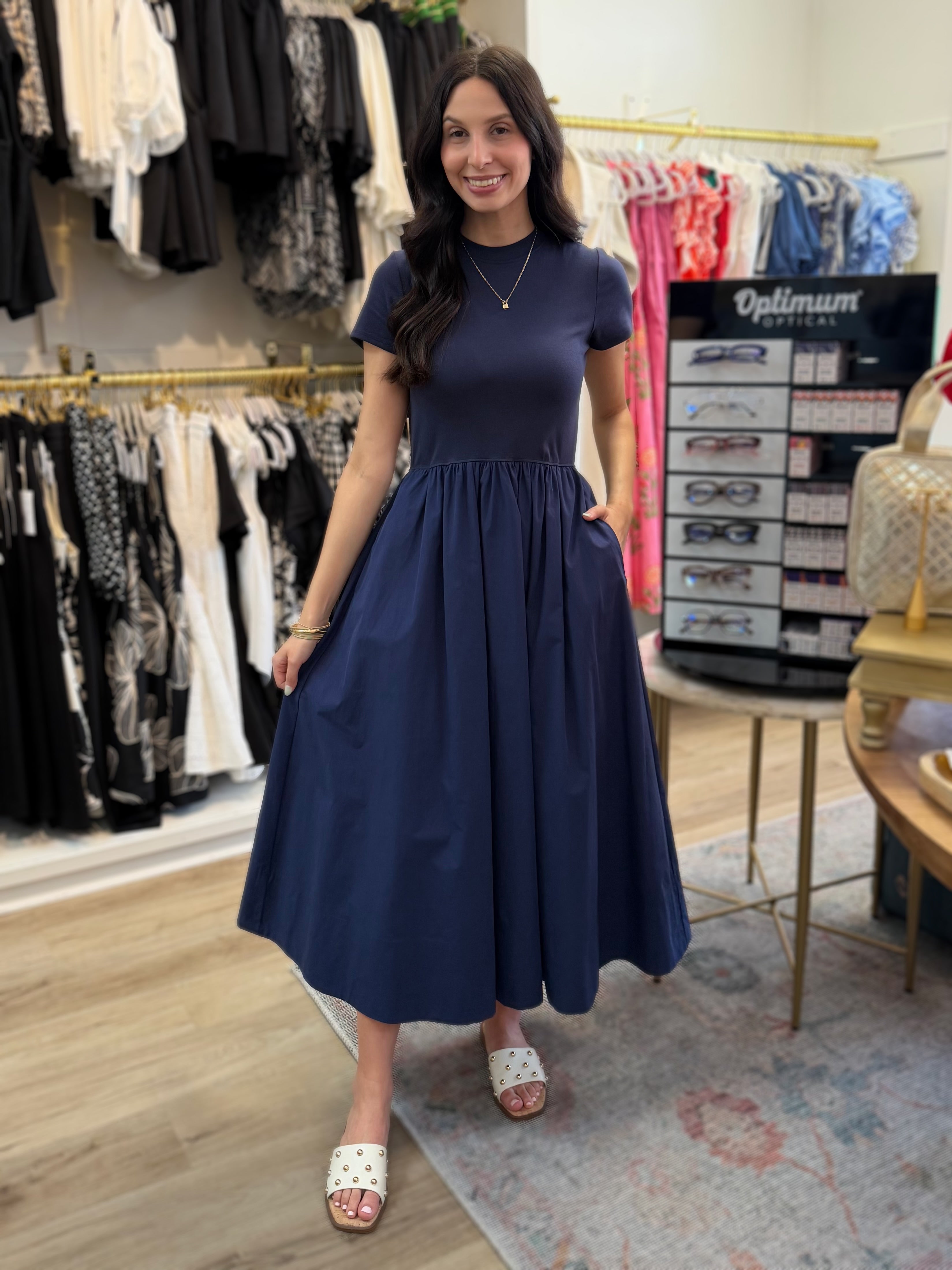 NAVY COTTON SHORT SLEEVE MIXED MEDIA ARIA MIDI DRESS