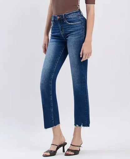 PORTABLE MEDIUM DARK WASH MID RISE CROP MINI BOOTCUT JEANS