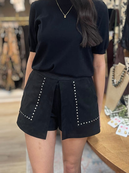 BLACK STUDDED SUEDE HIGH WAIST SKORT