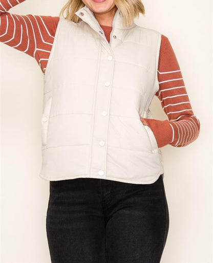 IVORY ZIP UP &amp; SNAP BUTTON SOLID PUFFER VEST