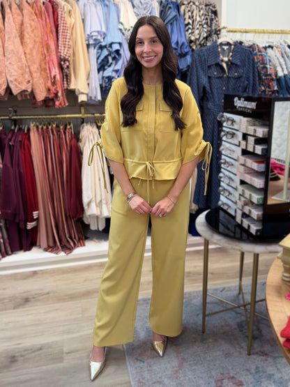 HONEY MUSTARD YELLOW 1/2 SLEEVE RUCHED SUITING TOP JACKET