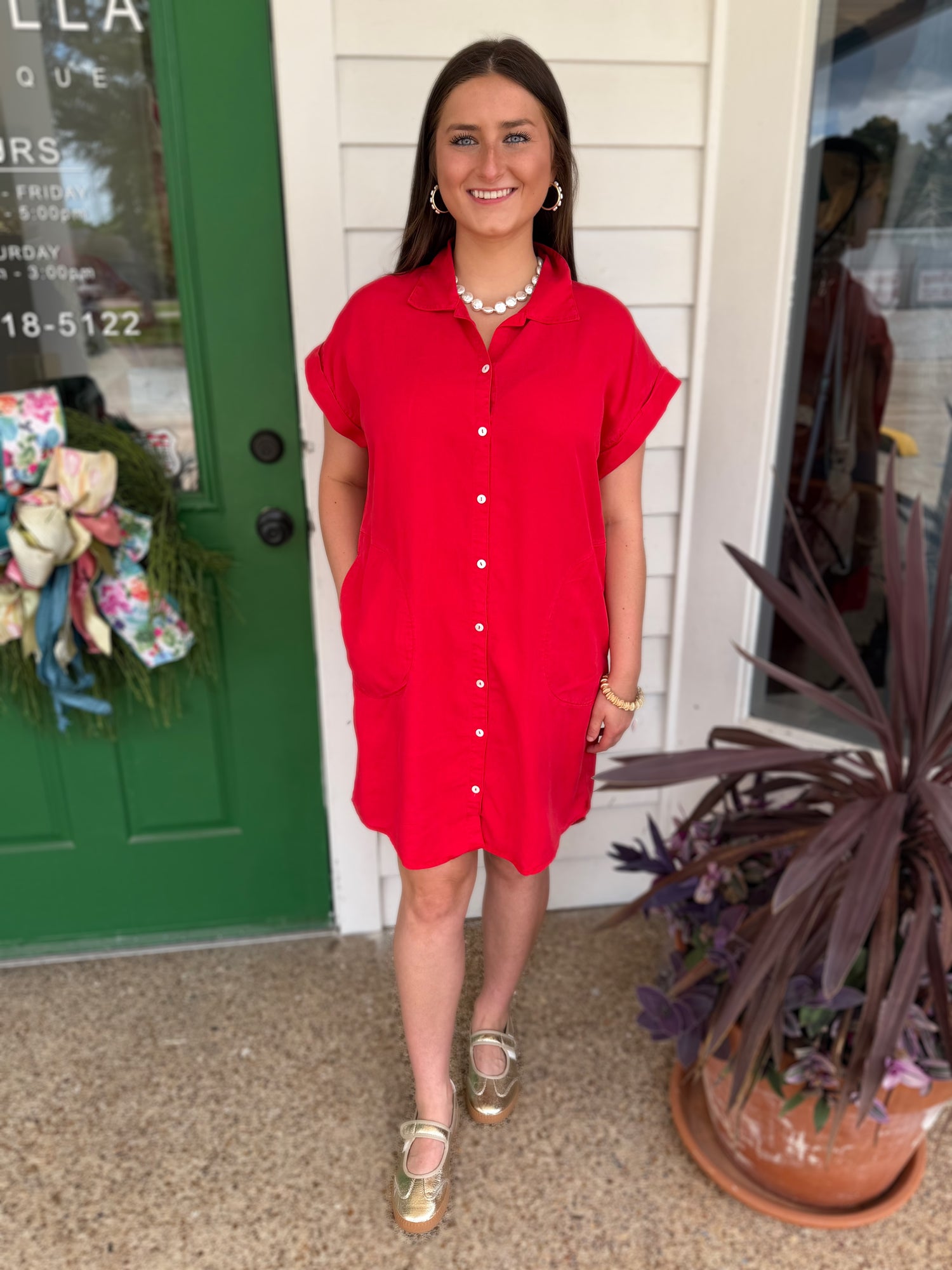 RED TENCEL BUTTON UP POCKET SHIRT MINI DRESS