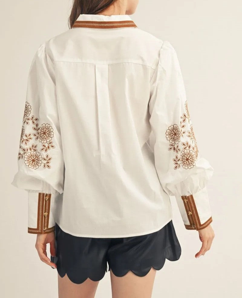 WHITE &amp; BROWN FLORAL EMBROIDERY LONG PUFF SLEEVE BUTTON UP TOP