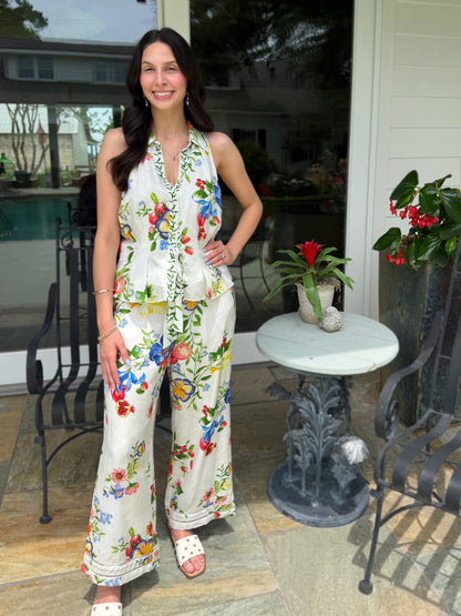 MULTI COLOR FLORAL PRINT WAIST TIE HIGH RISE FULL LENGTH WIDE LEG PANT