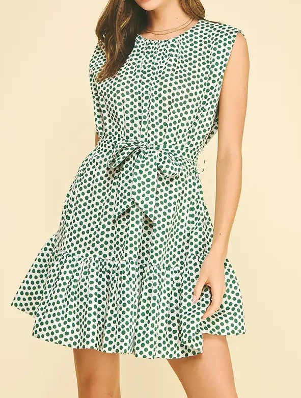KELLY GREEN &amp; WHITE POLKA DOT TIERED MINI DRESS
