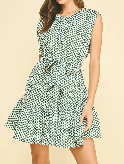 KELLY GREEN &amp; WHITE POLKA DOT TIERED MINI DRESS