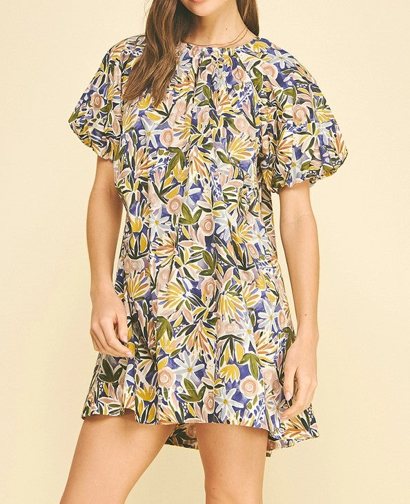 PURPLE MULTI FLORAL PRINT TUNIC SHORT BALLOON SLEEVE MINI DRESS