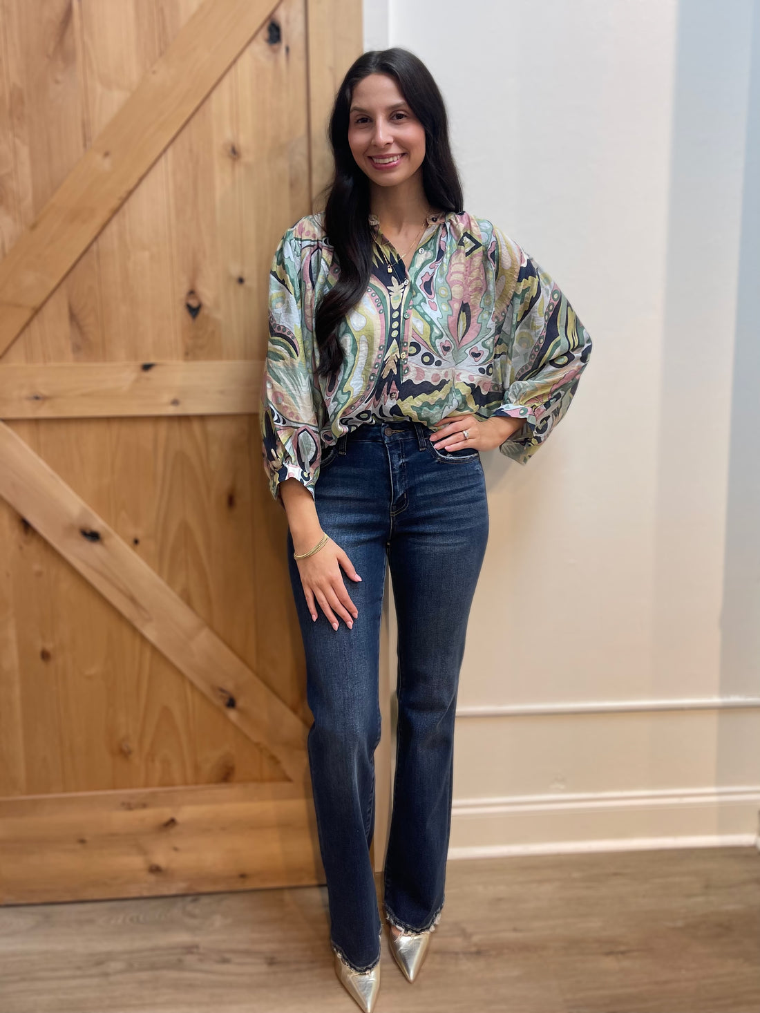 NAVY/MINT MULTI PRINT BATWING LONG SLEEVE BLOUSE