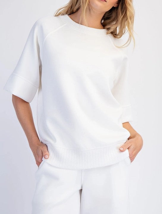 CREAM LUXE MODAL SCUBA RIBBED SHORT SLEEVE TOP