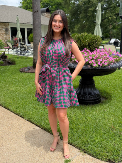 PINK &amp; GREEN POLKA DOT TIERED MINI DRESS