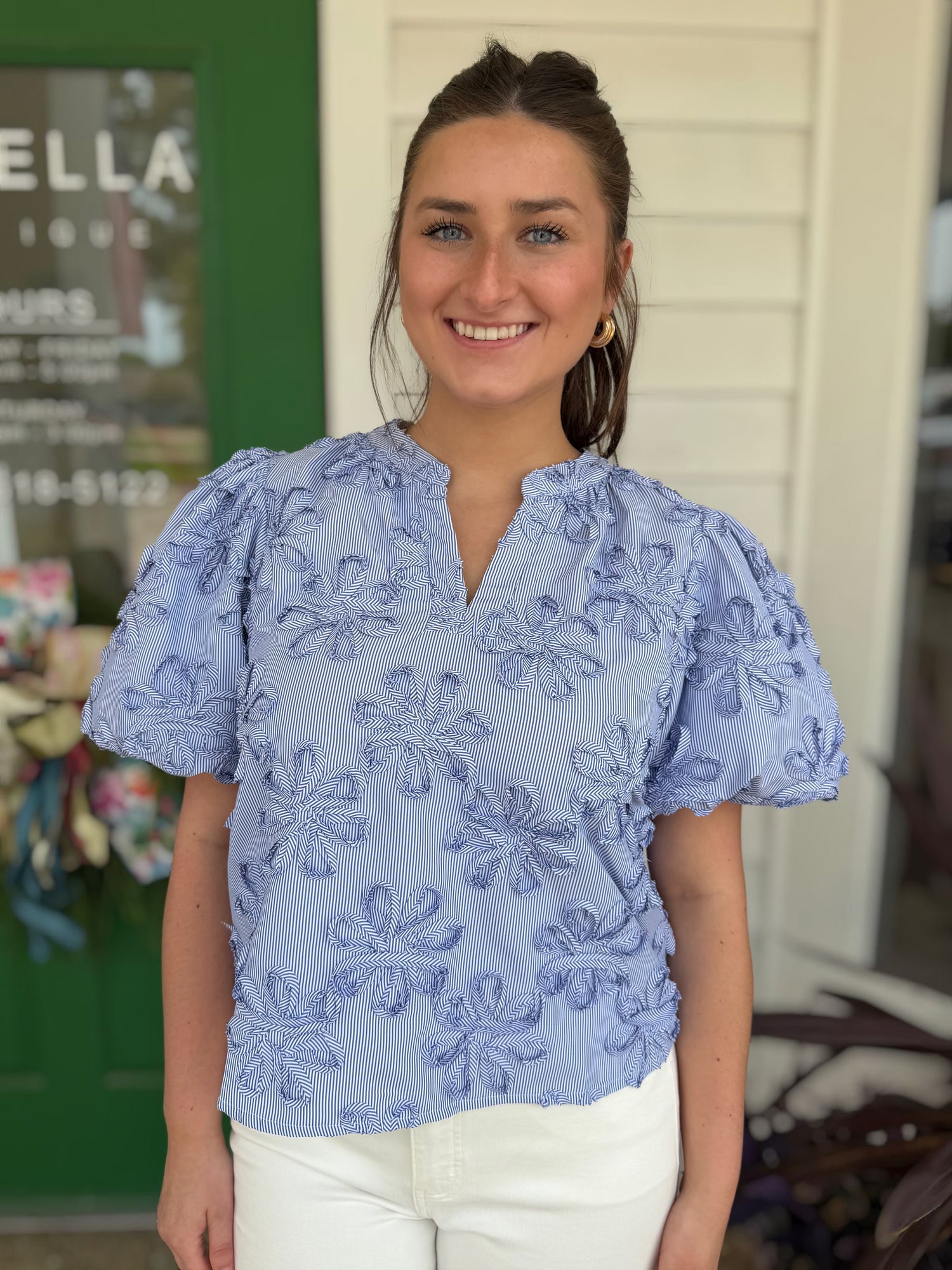 BLUE STRIPE FLORAL EMBROIDERY BALLOON SLEEVE TOP