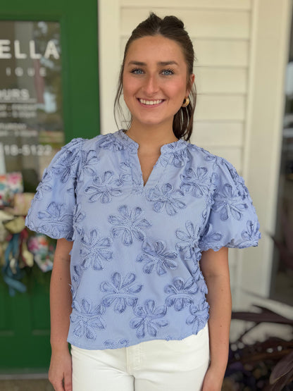 BLUE STRIPE FLORAL EMBROIDERY BALLOON SLEEVE TOP