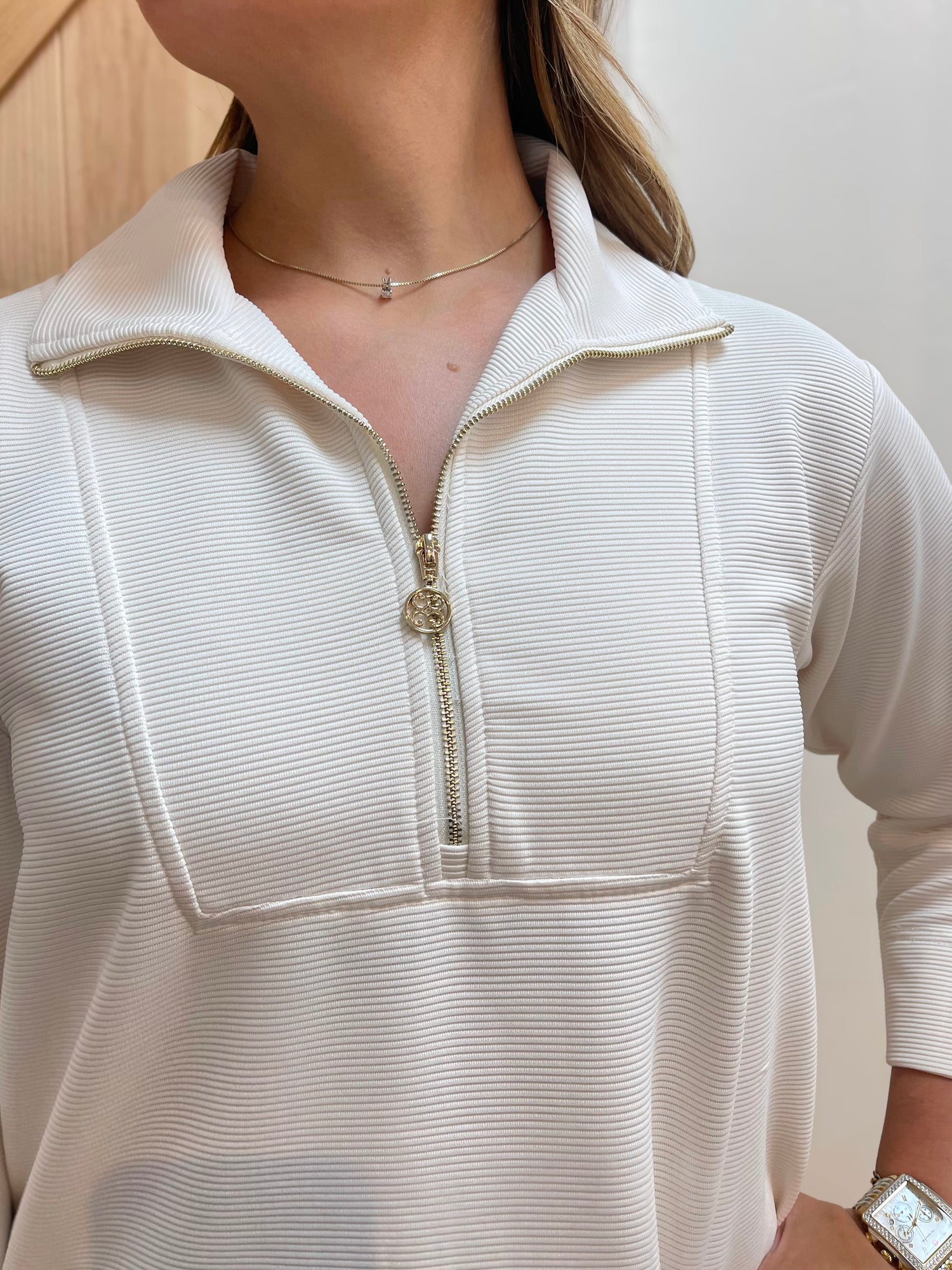 IVORY RIBBED QUARTER ZIP RAVEN MINI DRESS