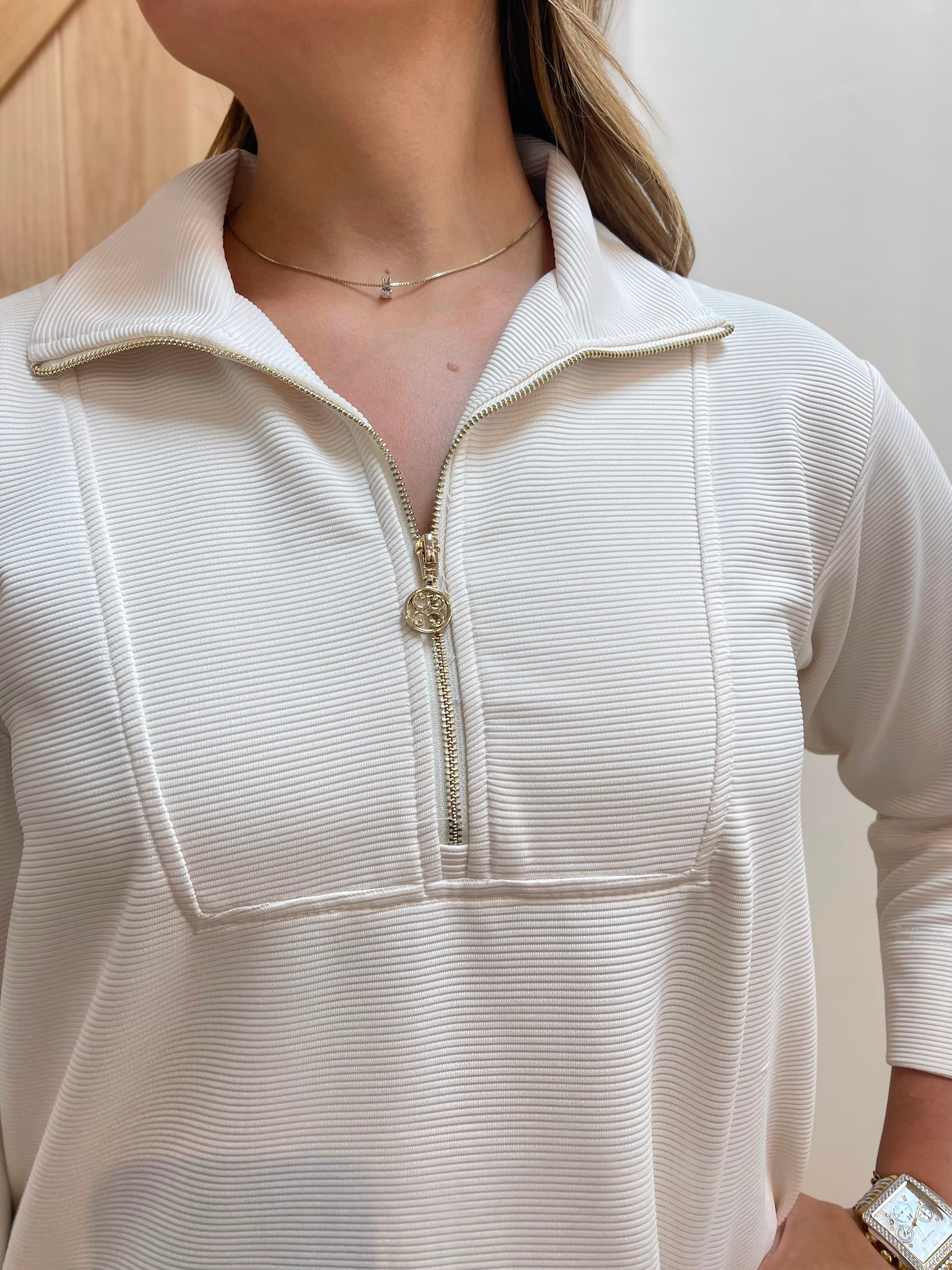 IVORY RIBBED QUARTER ZIP RAVEN MINI DRESS