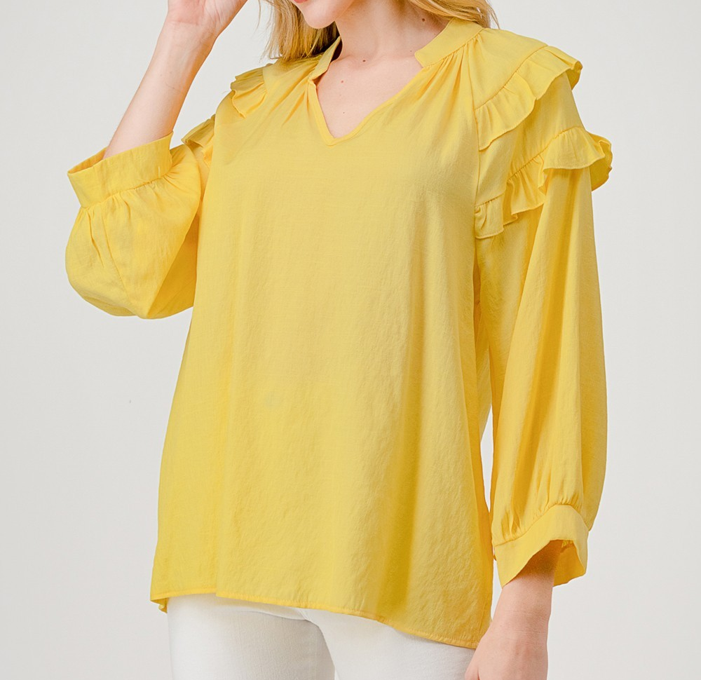 YELLOW 3/4 BALLOON SLEEVE VNECK TOP