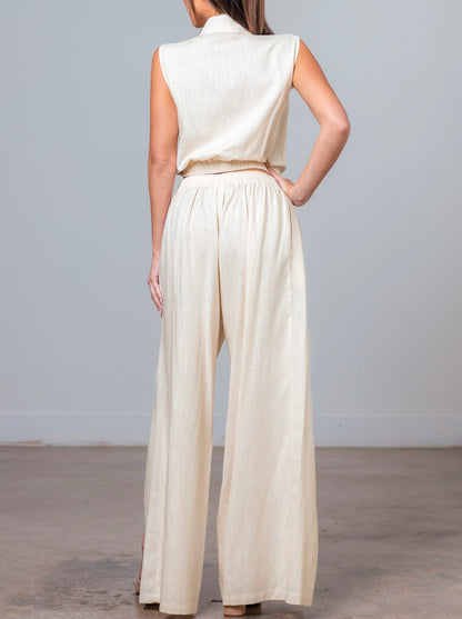 OATMEAL LINEN SLEEVELESS BUTTON UP TOP &amp; PANT SET