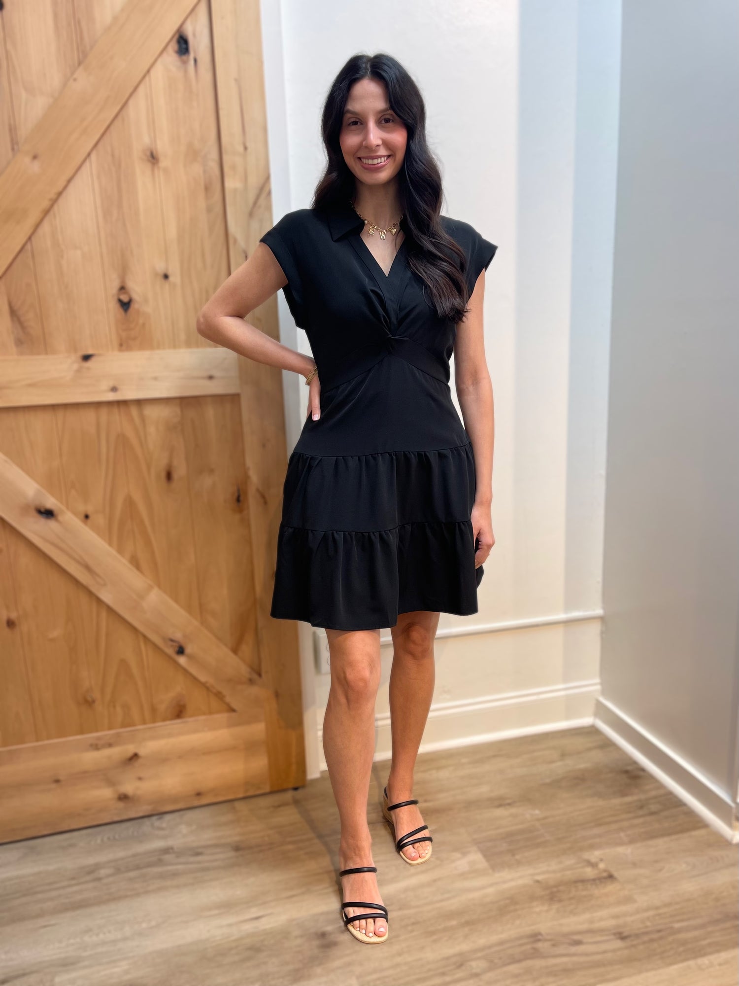 BLACK TIERED FRONT TWIST DETAIL MINI DRESS
