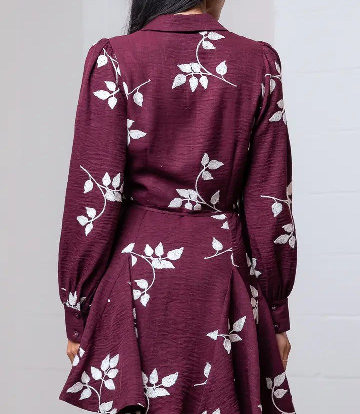 BURGUNDY/WHITE EMBROIDERED LONG SLEEVE BUTTON DOWN MINI DRESS
