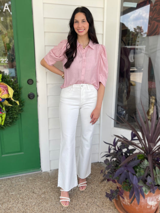 BLUSH COLLARED SHORT PUFF SLEEVE BUTTON UP BLOUSE