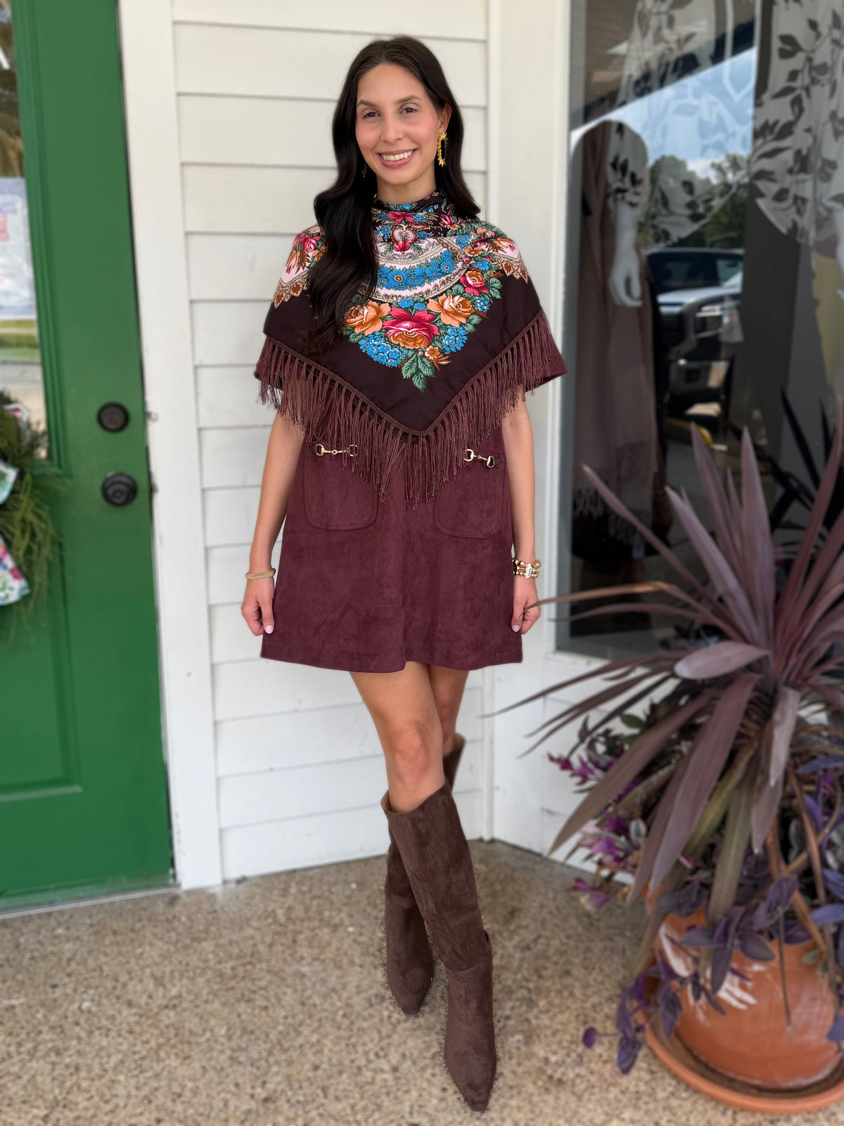 MERLOT SUEDE HORSE-BIT DETAIL PATCH POCKET SHORT SLEEVE MINI DRESS
