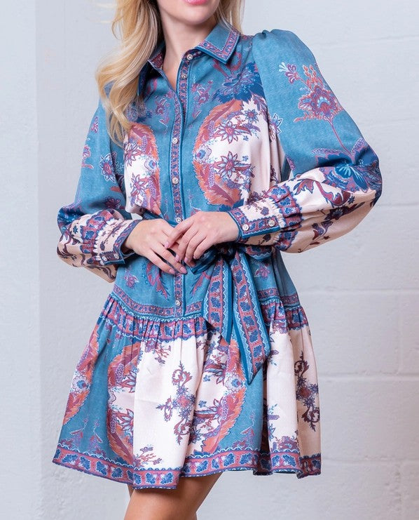 BLUE/CREAM MULTI FLORAL PLACEMENT PRINT BUTTON UP LONG SLEEVE SATIN MINI DRESS