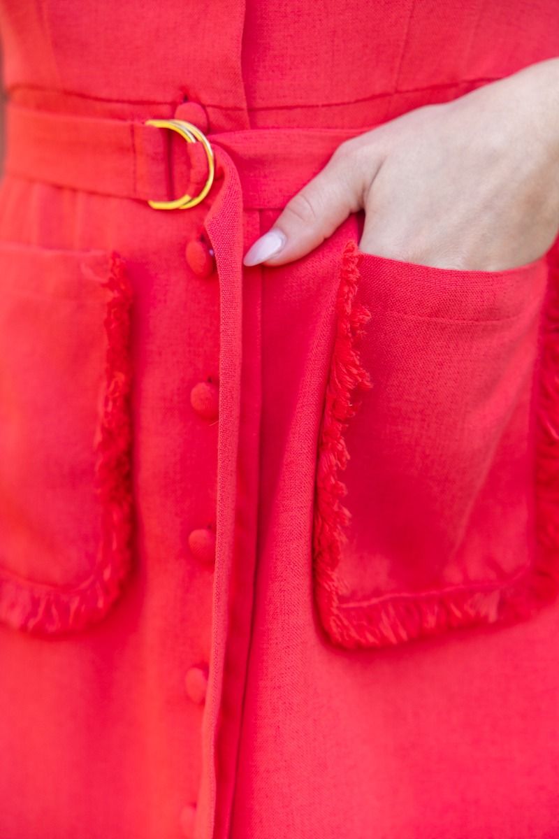 RED COLLARED BUTTON UP SLEEVELESS FRINGE DETAIL MIDI DRESS