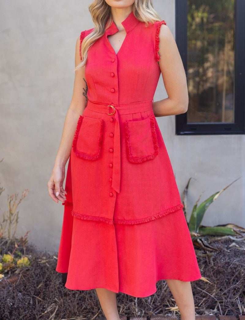 RED COLLARED BUTTON UP SLEEVELESS FRINGE DETAIL MIDI DRESS