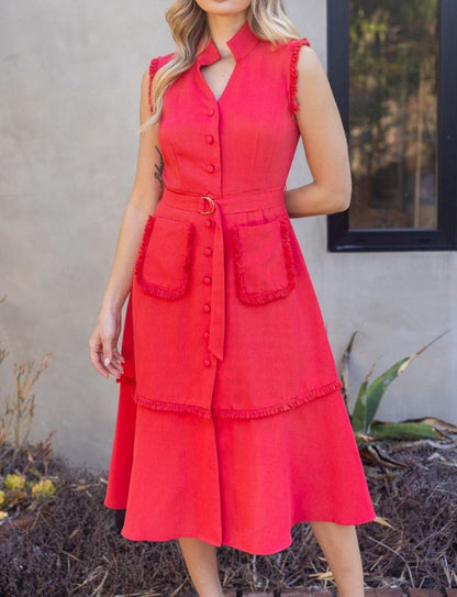 RED COLLARED BUTTON UP SLEEVELESS FRINGE DETAIL MIDI DRESS
