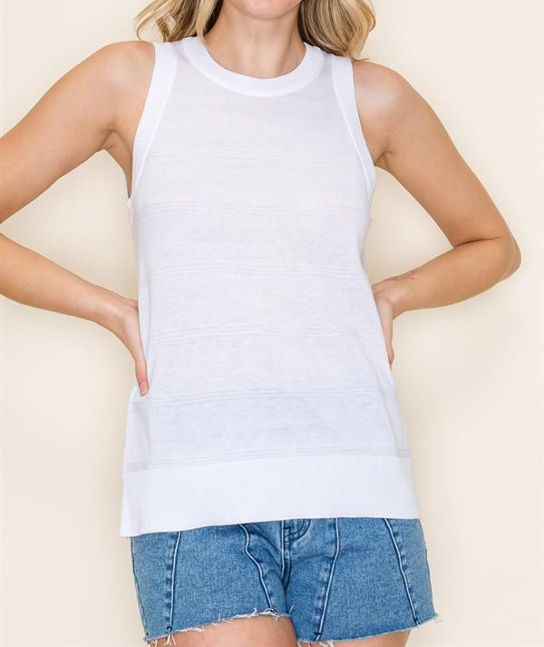 IVORY TEXTURED CREW NECK SLEEVELESS SWEATER