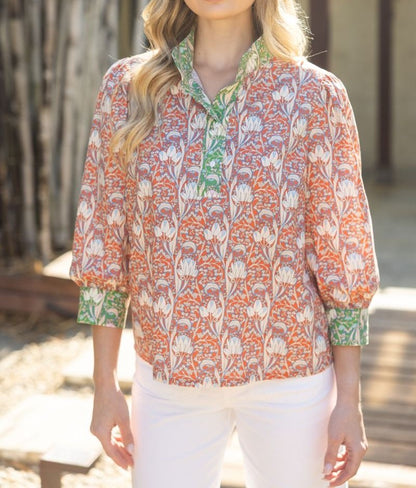 ORANGE/GREEN CONSTRAST FLORAL PRINT QUARTER BUTTON UP 3/4 SLEEVE TOP