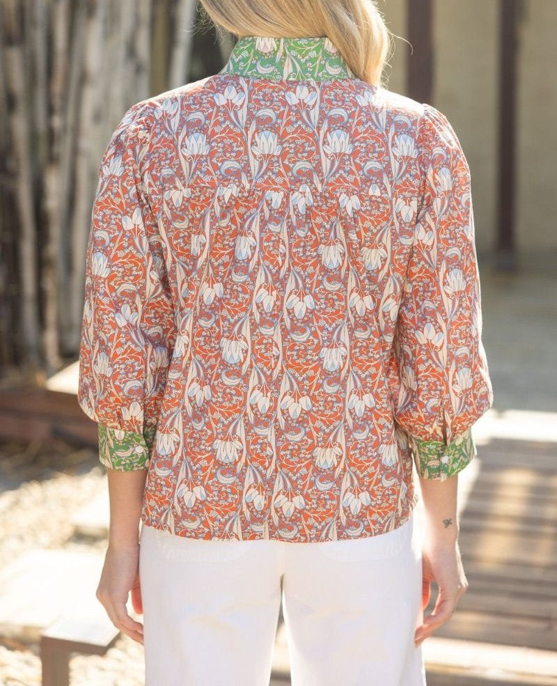 ORANGE/GREEN CONSTRAST FLORAL PRINT QUARTER BUTTON UP 3/4 SLEEVE TOP