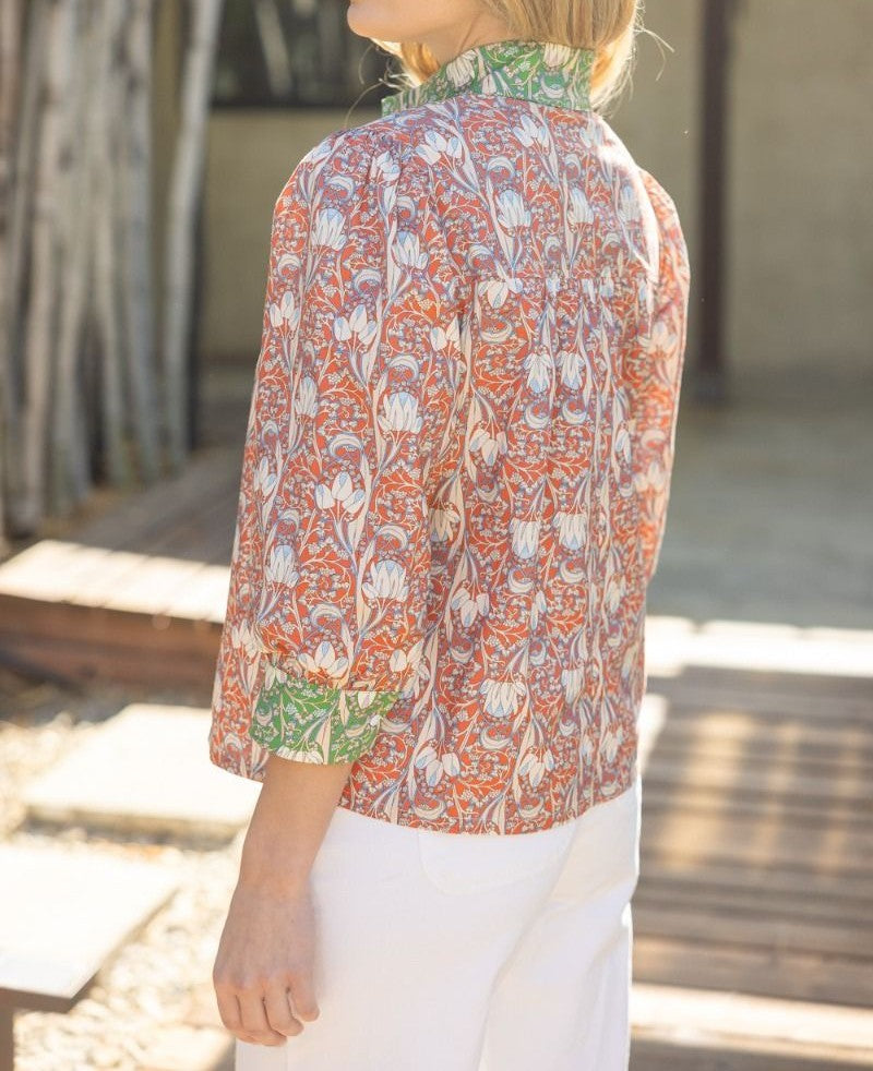 ORANGE/GREEN CONSTRAST FLORAL PRINT QUARTER BUTTON UP 3/4 SLEEVE TOP